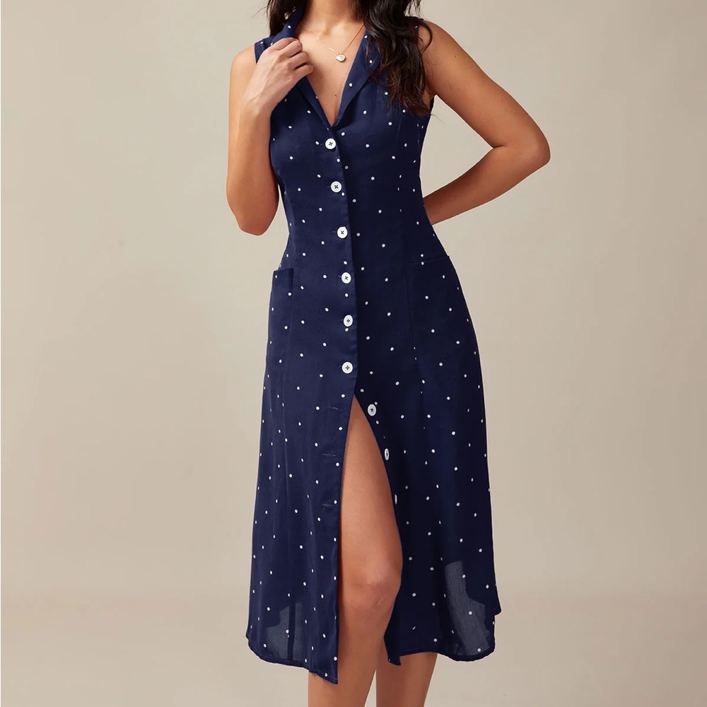 Rihoas Navy V Neck Polka Dot Tie Back Midi Dress